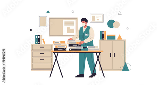 Office worker organizing files and documents on a desk, workspace organization, business efficiency