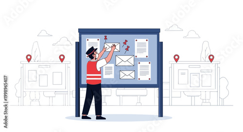 Postman pinning letters and envelopes on bulletin board outside building
