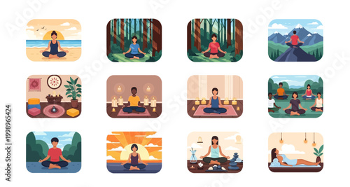 set of meditation scenes on transparent background