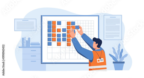 Project manager planning with sticky notes on a Kanban board, agile methodology concept