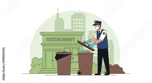 Sanitation worker cleaning city street, government building background, waste management concept