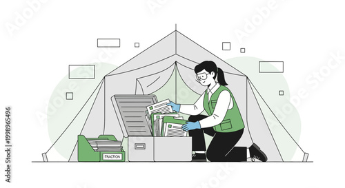Researcher organizing documents in a tent, field research, data collection, scientific expedition