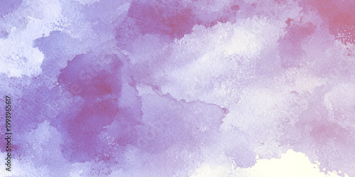 Vibrant purple pink watercolor background with white clouds and soft pastel hues for design