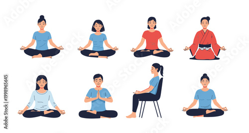 set of meditation poses on transparent background