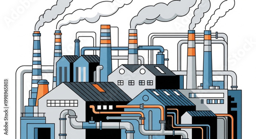 Industrial Factory Complex with Smokestacks Emitting Smoke.
