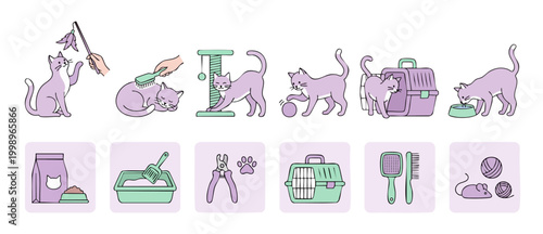 Cute Cat Care Icon Set, Pet Grooming and Feeding Accessories, Vector Illustration Collection featuring Kittens playing, eating, sleeping and travel carrier in flat linear style for veterinary clinics.
