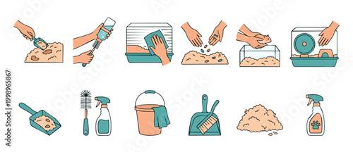 Hamster Cage Cleaning Icons Set, Pet Care Maintenance and Hygiene Routine, Small Animal Habitat Sanitation Tools and Daily Supplies for Rodent Grooming, Vector Illustration Infographic Elements Design
