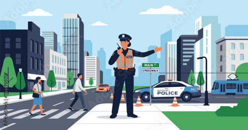 female police officer on guard on the street