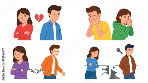Illustrations depicting various stages of relationship problems, emotional distress, breakups, and the journey towards freedom from toxic connections.