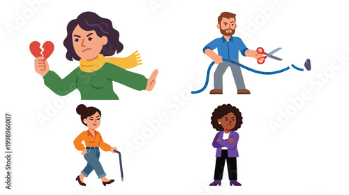 Four diverse cartoon illustrations depicting a woman with a broken heart, a man cutting a ribbon, an older woman with a cane, and a confident woman with crossed arms.