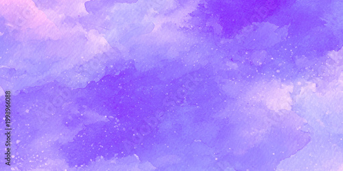 Vibrant purple watercolor background with soft pink hues and white speckles for creative design projects and artistic applications