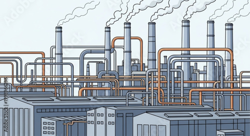 Industrial Factory Complex with Smokestacks Emitting Smoke.
