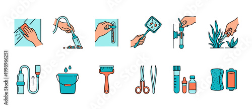 Aquarium Maintenance Tools Set Icons, Fish Tank Cleaning Equipment and Supplies for Home Pet Care, Professional Water Filtering, Plant Trimming, Glass Scrubbing and Temperature Control Linear Illustra