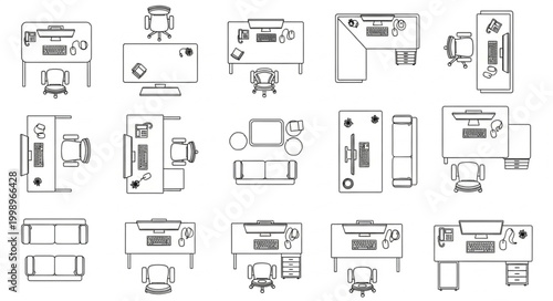 Collection of office desk top down views and side views.