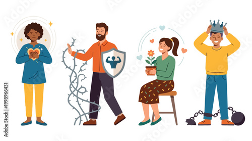 Four diverse individuals illustrating various aspects of mental health, emotional well-being, personal growth, resilience, and overcoming life's challenges.