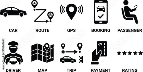 ride sharing service icons set, transportation symbols