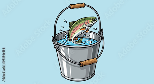 Rainbow trout jumping out of a metal bucket filled with water