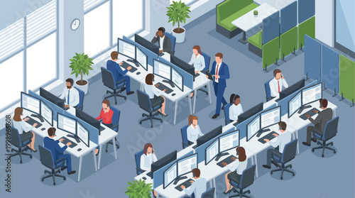 Isometric Call Center Office Interior with Diverse Customer Support Team Working on Computers, Corporate Business Operations and Digital Communication Concept