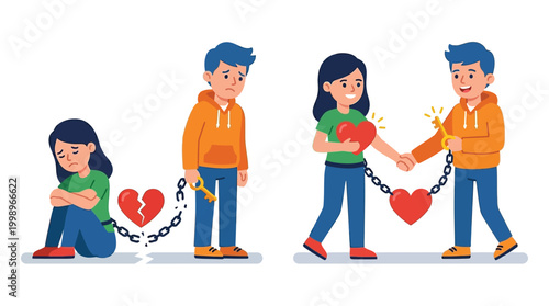 Illustration depicting the journey from heartbreak and separation to reconciliation and mending a relationship, showing emotional connection.