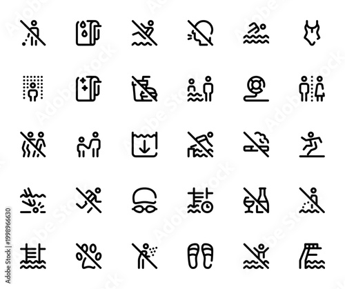 Swimming Pool Rules icon set. Vector symbols for safety, hygiene, and conduct including no diving, no running, shower, no littering, lifebuoy, and more.