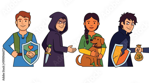 Four cartoon characters depicting themes of trust, betrayal, innocence, and greed, with a man offering a handshake while hiding a dagger.