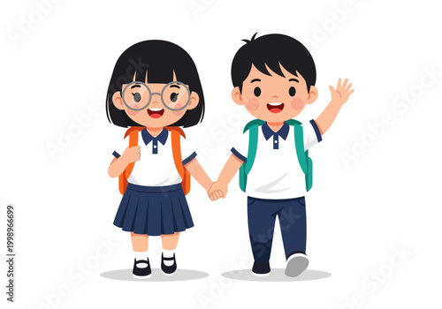 Cute Cartoon Asian School Kids Walking to School Holding Hands Vector Illustration - Boy and Girl Students in Uniforms with Backpacks Isolated on White