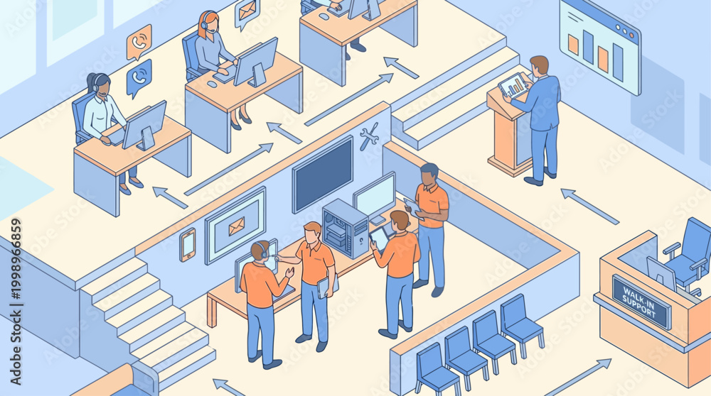 Obraz premium Isometric Call Center Office Illustration with Customer Support Team, Technical Help Desk, and Business Communication Workflow for Corporate Presentations