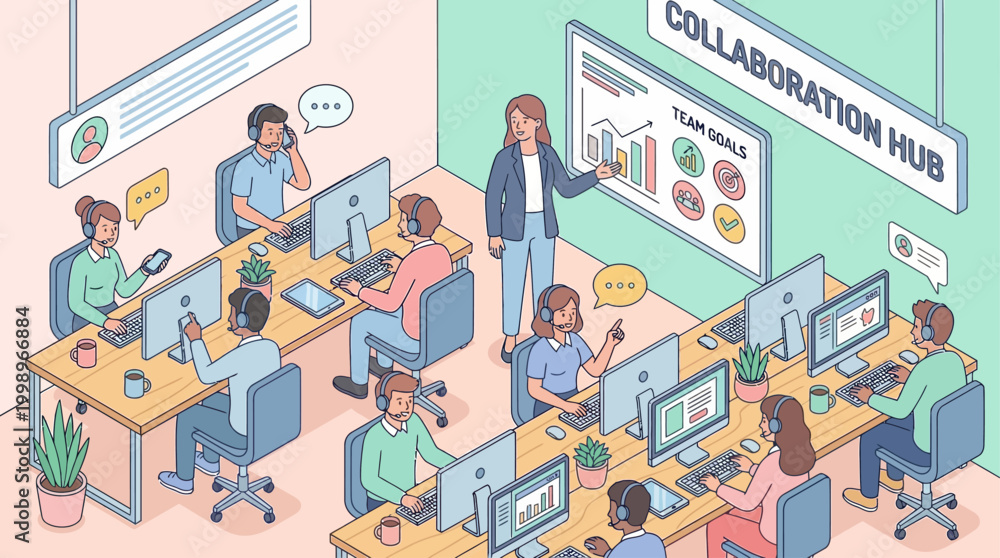 Fototapeta premium Isometric Call Center Team Working in Modern Collaboration Hub Office, Professional Customer Support Agents with Headsets and Computers, Corporate Communication and Business Productivity Concept