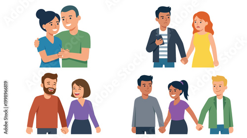 Four diverse cartoon couples depicting various forms of romantic relationships and companionship, showcasing affection and connection.