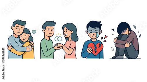 Illustrations depicting the journey of relationships, from loving embrace and engagement to heartbreak, sadness, and emotional distress, showing various states of mind.