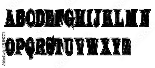 Vector monochrome brush uppercase letters, handwritten font, sans serif typeset on white background.