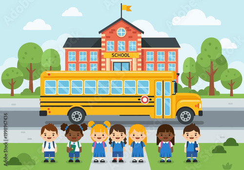 Back to School Illustration with Diverse Group of Happy Students, Yellow School Bus and School Building