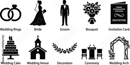 Wedding icons set including rings, bride, groom, bouquet, and ceremony elements
