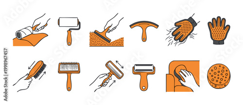 Pet Hair Removal Tools Icon Set, Lint Roller and Grooming Brushes for Dogs and Cats, Cleaning Equipment Collection for Household Maintenance and Fur Shedding Control for Professional Pet Care Services