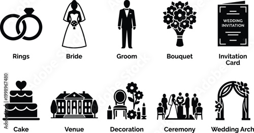 Wedding icons set, black silhouette symbols