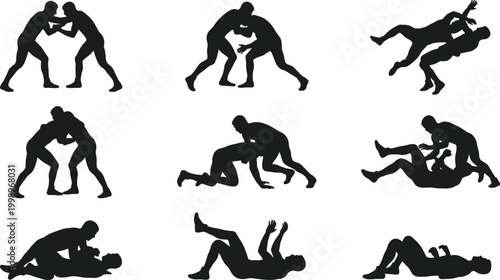 Wrestling and grappling silhouettes set with combat fighting poses athletes training isolated on white background