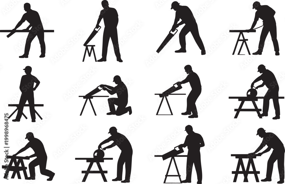 Fototapeta premium Carpenter Working Silhouette Set Woodworking Construction Activity Collection with Tools Saw Cutting Professional Vector Illustration 