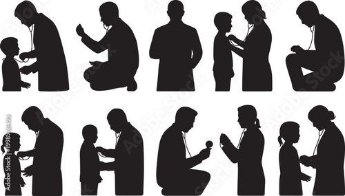 Doctor Examining Patient Silhouette Set Medical Checkup Healthcare Activity Collection with Stethoscope Clinic Vector Illustration
