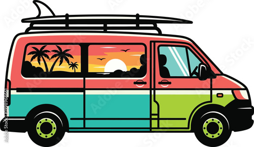 Colorful van with surfboard on top and tropical view