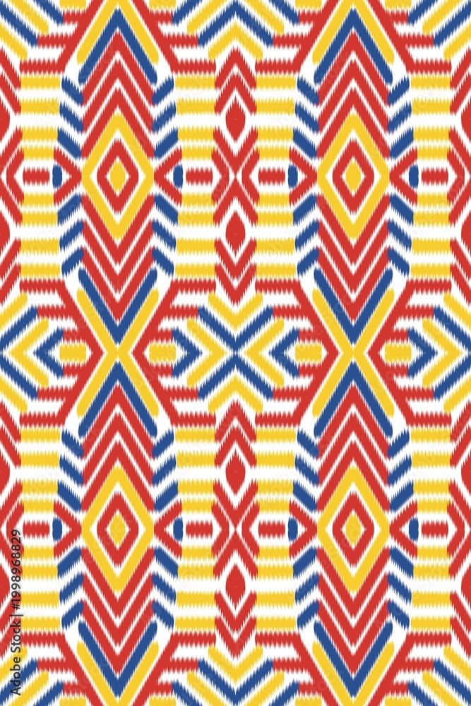 Fototapeta premium Abstract tribal art, ikat fabric, fabric, blue, red and yellow woven patterns, local fabric patterns, printing, customs, wall decoration, carpet patterns, coverings.