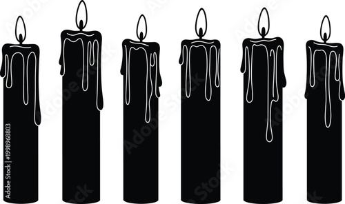 Black candle silhouettes with dripping wax set vector illustration spooky gothic decoration elements for halloween dark theme design