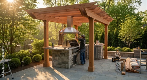 Man and man construction worker installing stainless steel vent hood over outdoor stone kitchen island under wooden pergola. Backyard renovation project. Professional backyard improvement.
