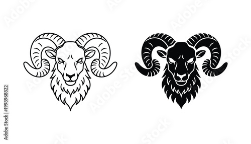 Ram head with large horns icon set representing strength and zodiac themes in professional minimalist black and white vector graphic style for logos and branding