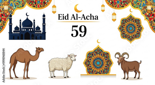 Eid Al-Acha celebration elements including mosque camel sheep goat and Islamic patterns for religious holiday design