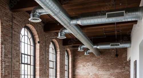 Ventilation pipes in industrial office interior. Metal air duct system under wooden ceiling with brick wall. Architecture and infrastructure design of open space loft building environment.
