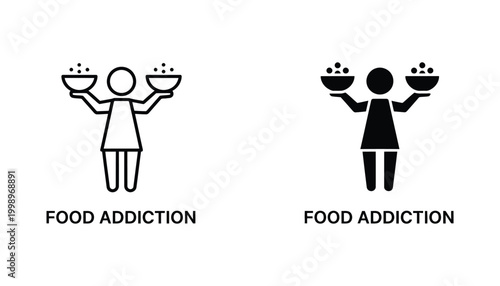 Woman holding two bowls icon set representing food addiction and eating habits in professional minimalist black and white vector graphic style for health and nutrition