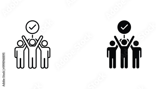 Group of people raising hands with checkmark symbol icon set illustrating team success and collective agreement in professional minimalist black and white vector graphic design