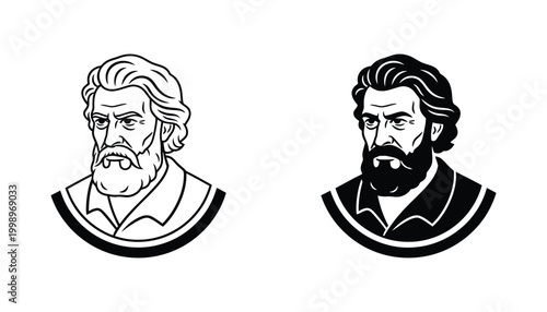 Bearded man historical figure portrait icon outline and filled silhouette isolated on white background for vintage and classic concepts