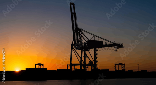Industrial shipping crane silhouette at sunset in the harbor