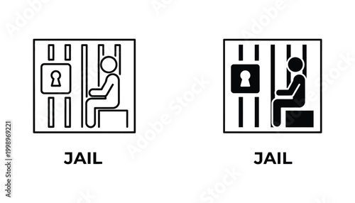 Prisoner sitting in jail cell behind bars icon set with jail text label in line art and solid black style